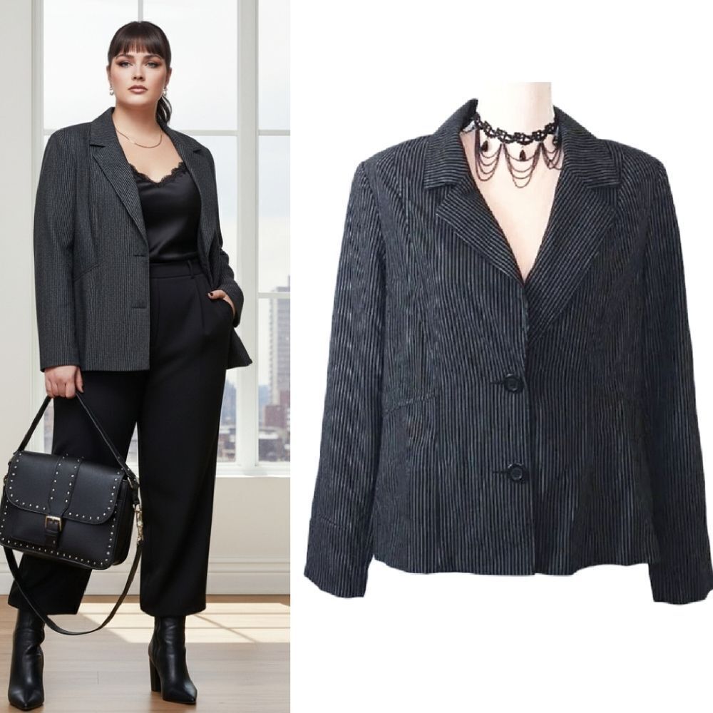 VTG 90s Black White Pinstripe Single Breasted Corp Goth Blazer‎ PlusSize 14